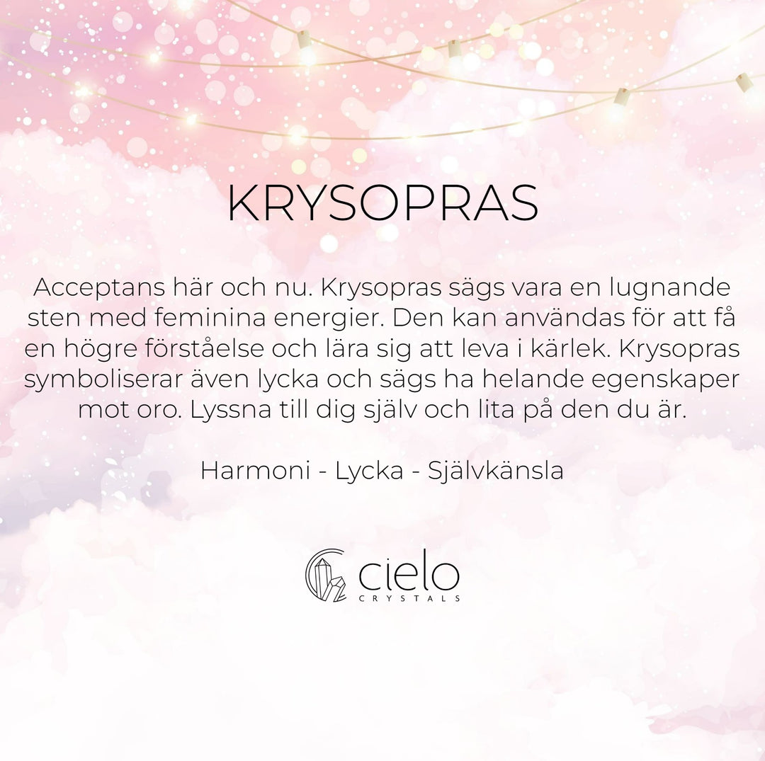 Krysopras energier och information. Kristall Krysopras är maj månadssten och sägs ge harmoni, lycka och självkänsla.