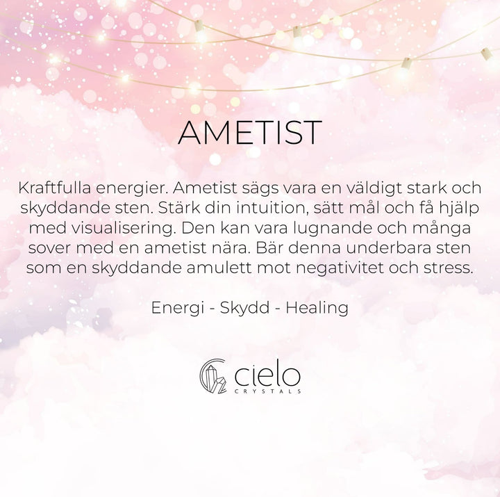 Ametist egenskaper är skydd och helande. Lila Ametist är en kraftfull sten och tar bort stress.