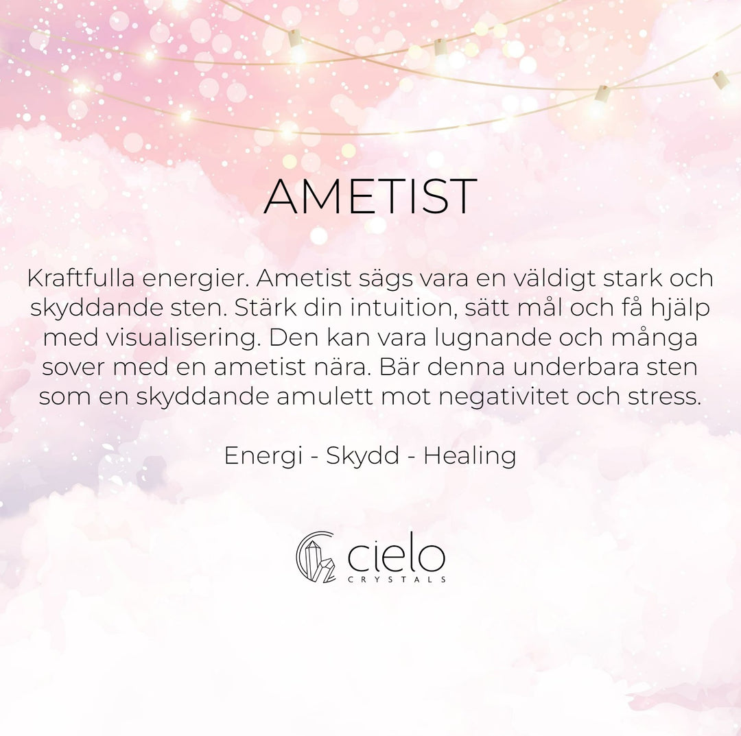 Ametist egenskaper är skydd och helande. Lila Ametist är en kraftfull sten och tar bort stress.