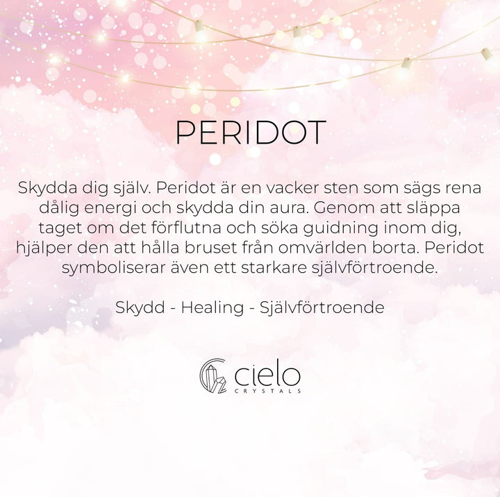Peridot är en skyddande, helande kristall som också skänker starkare självförtroende. Information och egenskaper hos Peridot.